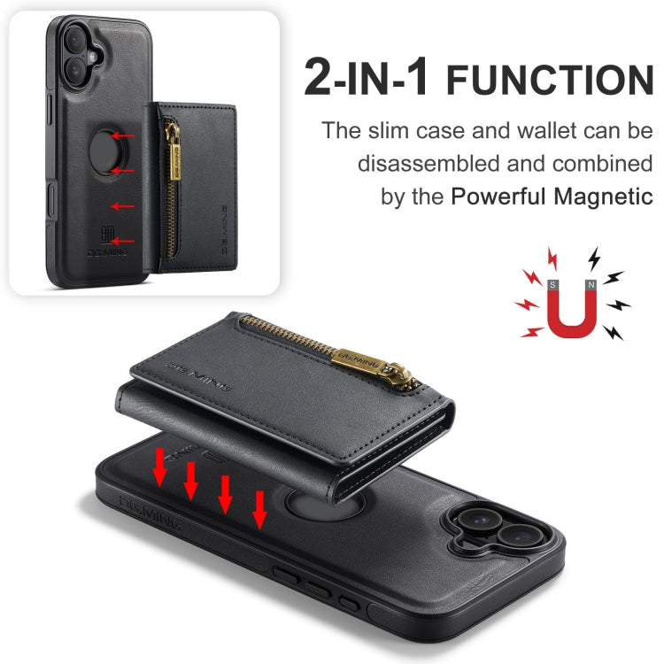 Pour iPhone 16 DG.MING M5 Series Étui de Téléphone en Cuir Détachable Anti-RFID Multi-Cartes avec Fermeture Éclair (Noir)