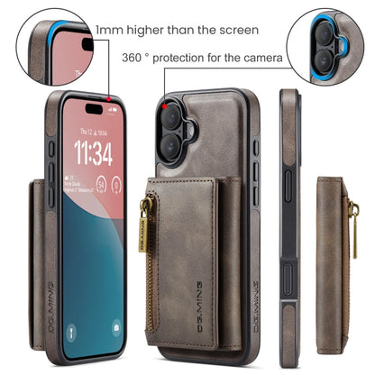 For iPhone 16 DG.MING M5 Series Zip RFID Multi Card Detachable Leather Phone Case(Coffee)