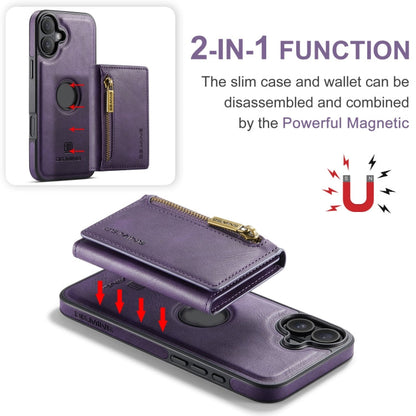 For iPhone 16 DG.MING M5 Series Zip RFID Multi Card Detachable Leather Phone Case(Purple)