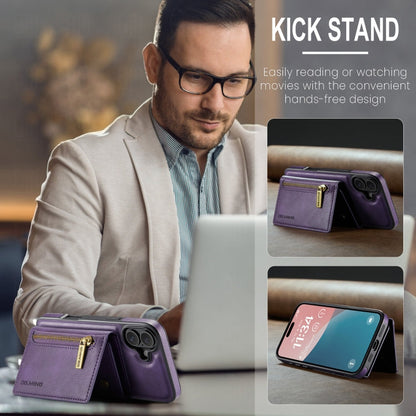 For iPhone 16 DG.MING M5 Series Zip RFID Multi Card Detachable Leather Phone Case(Purple)