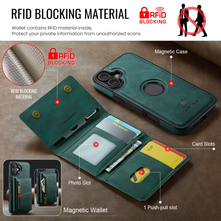 For iPhone 16 DG.MING M5 Series Zip RFID Multi Card Detachable Leather Phone Case(Green)