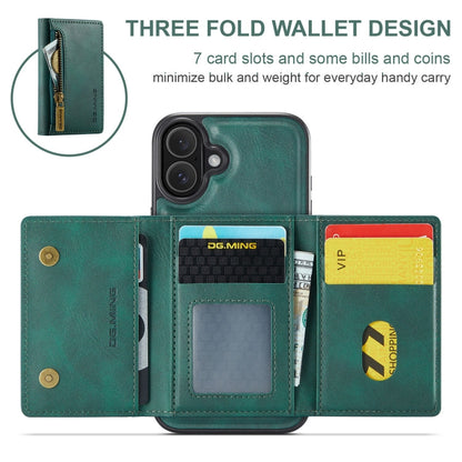 For iPhone 16 DG.MING M5 Series Zip RFID Multi Card Detachable Leather Phone Case(Green)