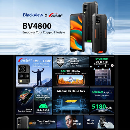 [HK Warehouse] Blackview BV4800, 3GB+64GB, IP68/IP69K/MIL-STD-810H, 6.56 inch Android 13 MediaTek MT6761V/WB Helio A22 Quad Core, Network: 4G, OTG(Black)