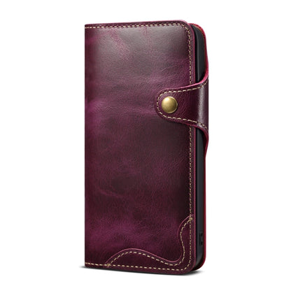 For iPhone 15 Plus Denior Oil Wax Cowhide Magnetic Button Genuine Leather Case(Purple)