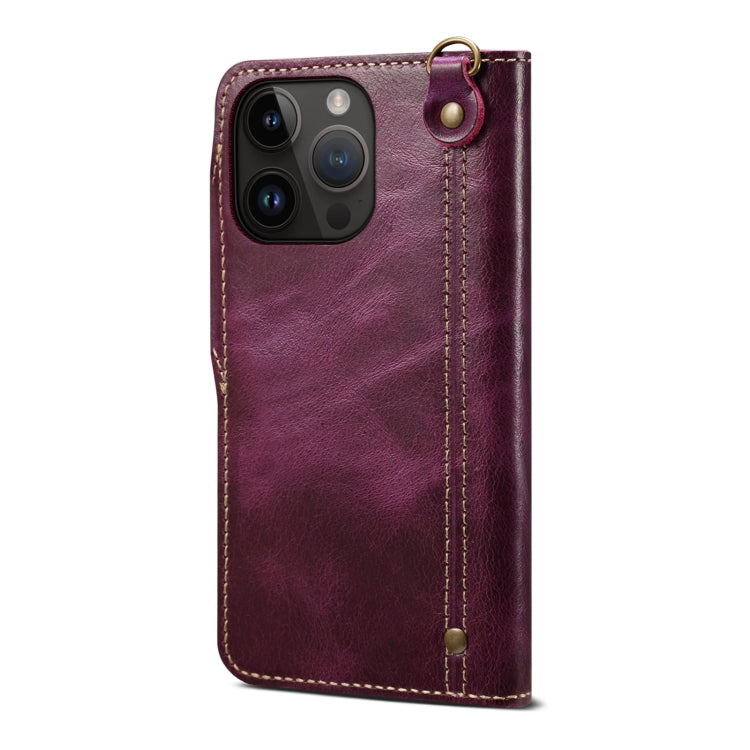 For iPhone 15 Plus Denior Oil Wax Cowhide Magnetic Button Genuine Leather Case(Purple)