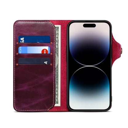 For iPhone 15 Plus Denior Oil Wax Cowhide Magnetic Button Genuine Leather Case(Purple)