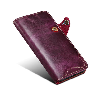 For iPhone 15 Plus Denior Oil Wax Cowhide Magnetic Button Genuine Leather Case(Purple)