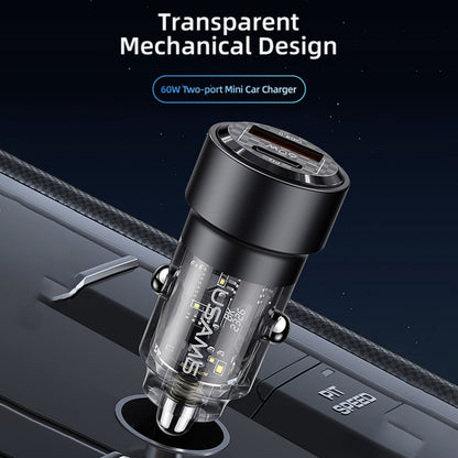 Chargeur de voiture transparent USAMS US-CC208 C39 60W double port USB + Type-C à charge rapide en alliage d'aluminium (noir)