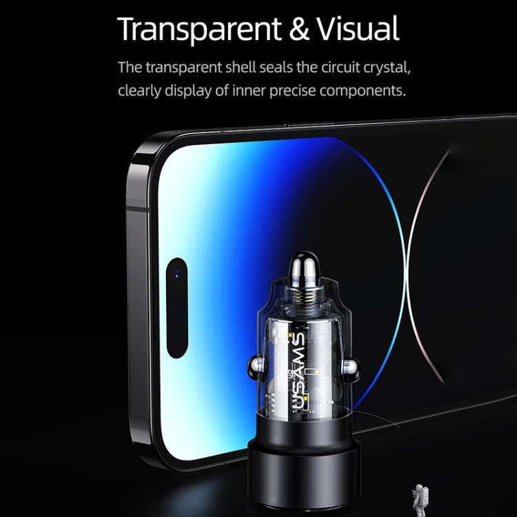 Chargeur de voiture transparent USAMS US-CC208 C39 60W double port USB + Type-C à charge rapide en alliage d'aluminium (noir)