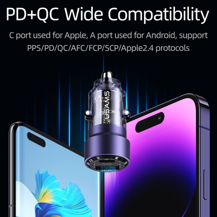 Chargeur de voiture transparent USAMS US-CC208 C39 60W double port USB + Type-C à charge rapide en alliage d'aluminium (noir)