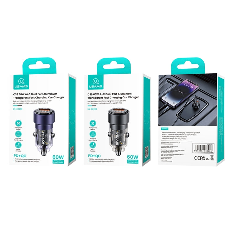 Chargeur de voiture transparent USAMS US-CC208 C39 60W double port USB + Type-C à charge rapide en alliage d'aluminium (noir)