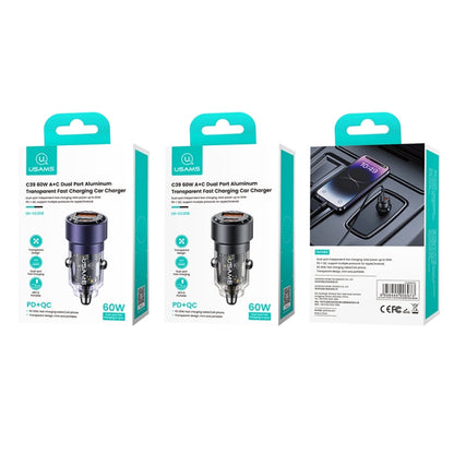 Chargeur de voiture transparent USAMS US-CC208 C39 60W double port USB + Type-C à charge rapide en alliage d'aluminium (noir)