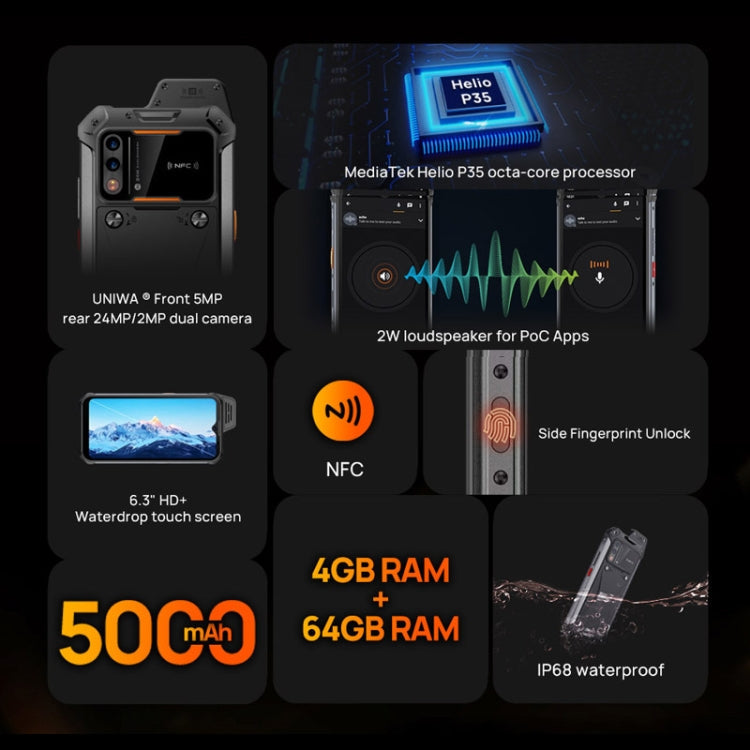 Téléphone robuste UNIWA W888 HD+, 4 Go de RAM + 64 Go de ROM, 6,3 pouces Android 11 Mediatek MT6765 Helio P35 Octa Core jusqu'à 2,3 GHz, NFC, OTG, Réseau: 4G (Noir)