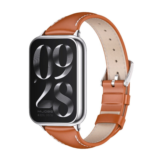 For Xiaomi Band 10 Pro / Redmi Watch 6 / 5 Mijobs Genuine Leather Slim Watch Band(Orange Silver)