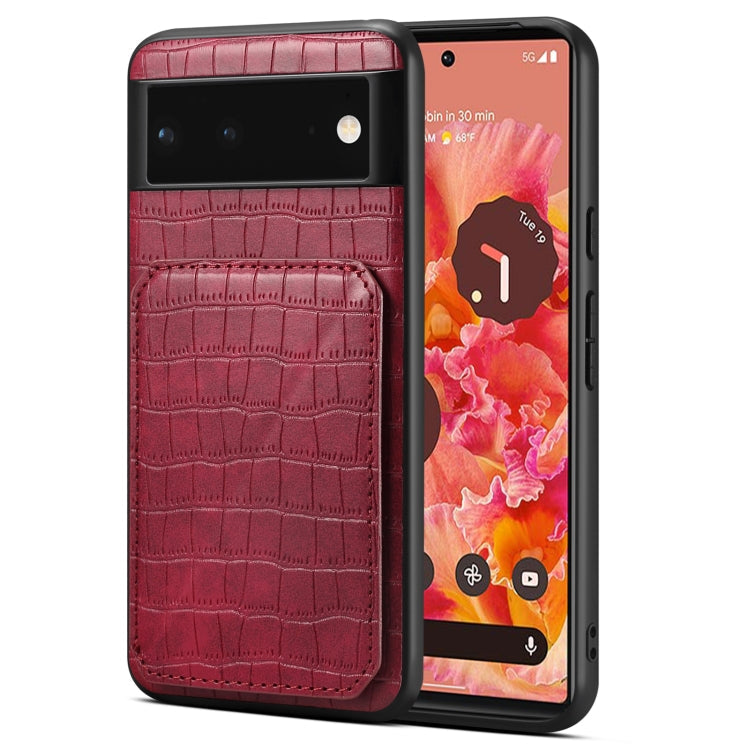 For Google Pixel 6 Denior Crocodile Texture Holder Electroplating Phone Case(Red)