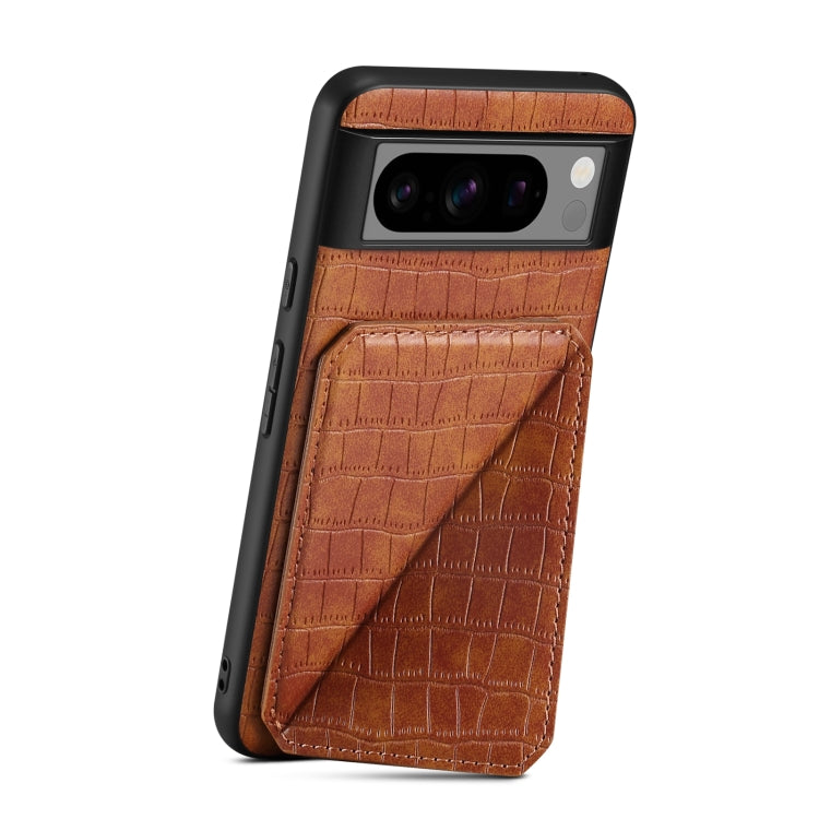For Google Pixel 7 Denior Crocodile Texture Holder Electroplating Phone Case(Brown)