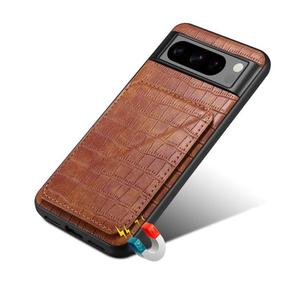 For Google Pixel 7 Denior Crocodile Texture Holder Electroplating Phone Case(Brown)