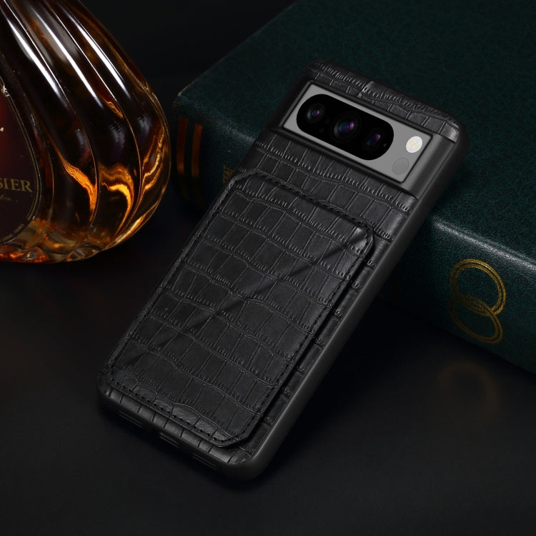 For Google Pixel 7 Pro Denior Crocodile Texture Holder Electroplating Phone Case(Black)