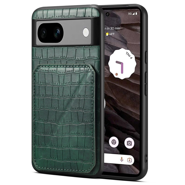 Pour Google Pixel 7a Denior Texture Croco Étui de Téléphone Galvanisé avec Support (Vert)