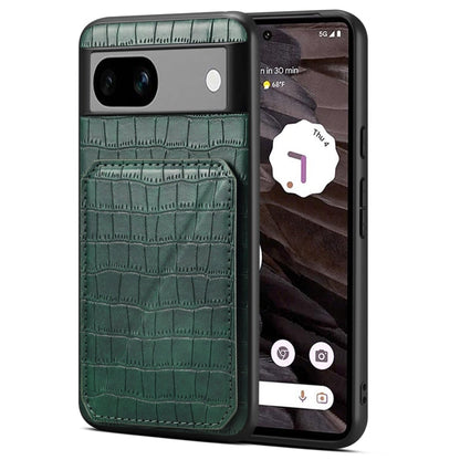 Pour Google Pixel 7a Denior Texture Croco Étui de Téléphone Galvanisé avec Support (Vert)