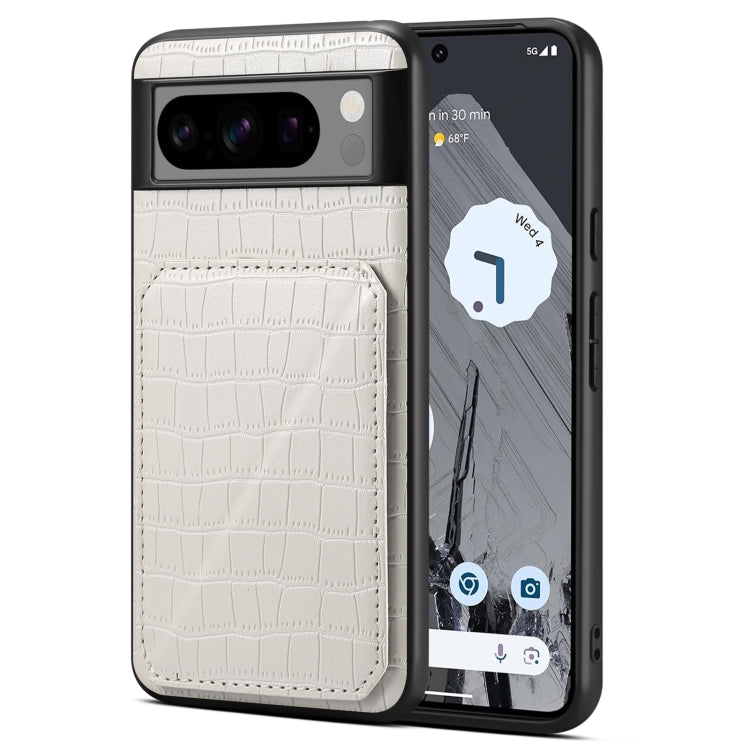 For Google Pixel 8 Pro Denior Crocodile Texture Holder Electroplating Phone Case(White)
