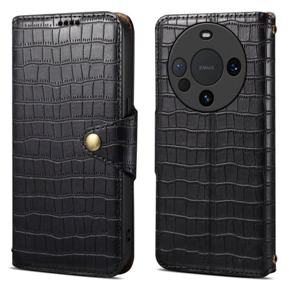 Pour coque de téléphone en cuir avec texture crocodile et bord huilé Denior pour Huawei Mate 60 Pro / Mate 60 Pro+ (Noir)