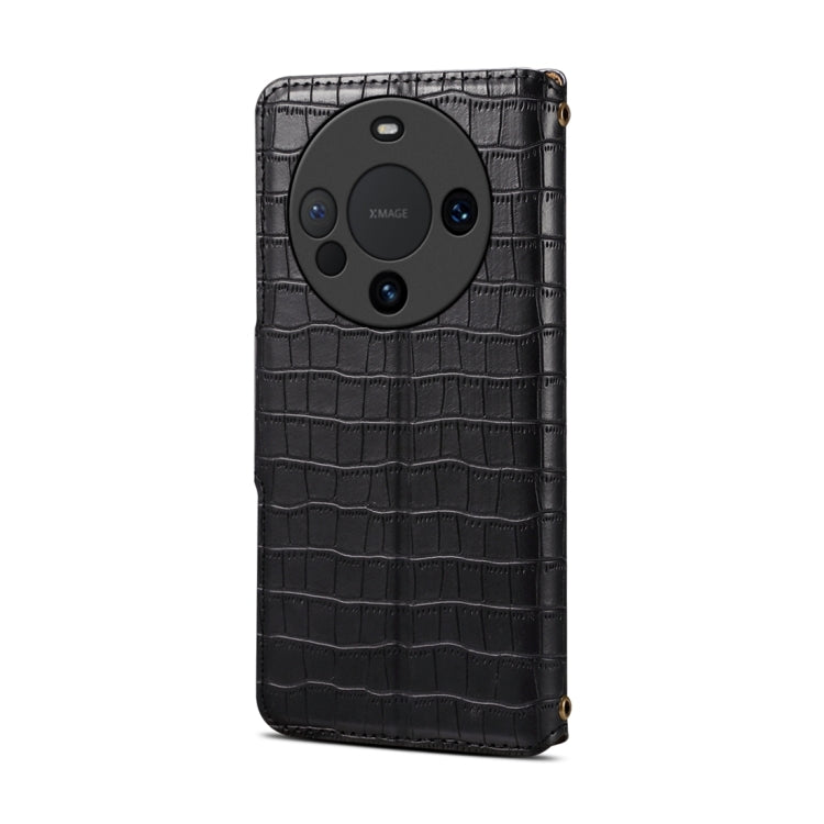 Pour coque de téléphone en cuir avec texture crocodile et bord huilé Denior pour Huawei Mate 60 Pro / Mate 60 Pro+ (Noir)