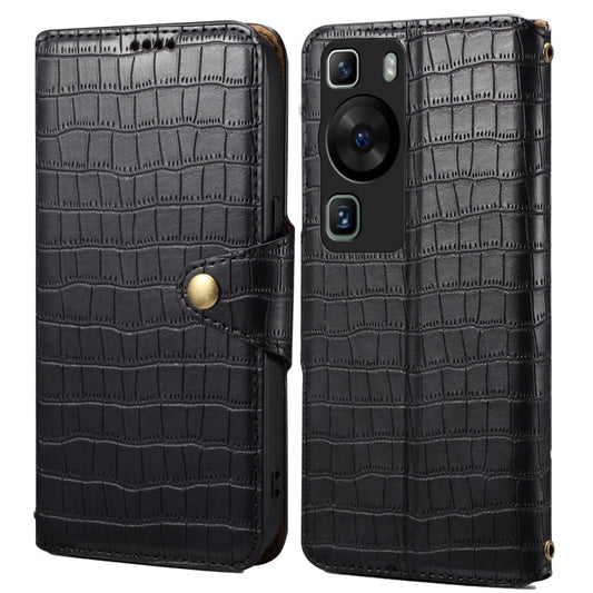 Pour Huawei P60 Denior Étui de téléphone en cuir avec texture crocodile et bord huilé (noir)