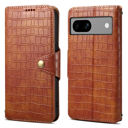 Pour coque de téléphone en cuir avec texture crocodile et bord huilé Denior pour Google Pixel 7a (marron)