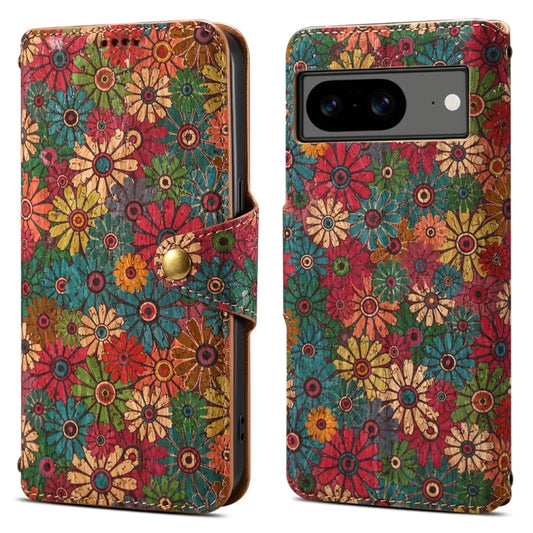 Pour l'étui de téléphone en cuir avec bord huilé en liège de la série Denior Flower Language pour Google Pixel 8 (Printemps)