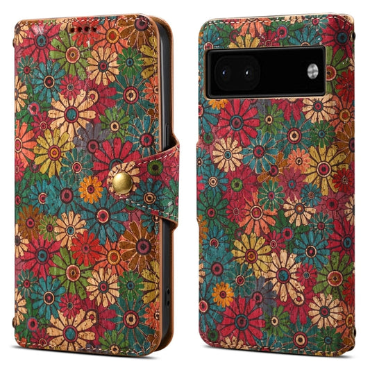 Pour Google Pixel 6a Série Langage des Fleurs Denior Étui de Téléphone en Cuir Liège avec Bords Huilés (Printemps)