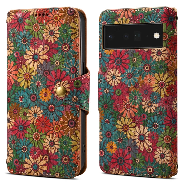 Pour Google Pixel 6 Pro Étui de téléphone en cuir avec bord huilé en liège de la série Denior Flower Language (Printemps)
