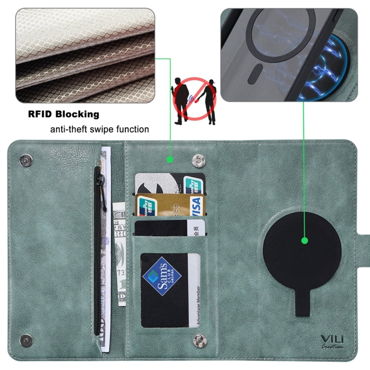For iPhone 14 Pro Max ViLi GV Series MagSafe Magnetic Zipper Leather Phone Case(Green)