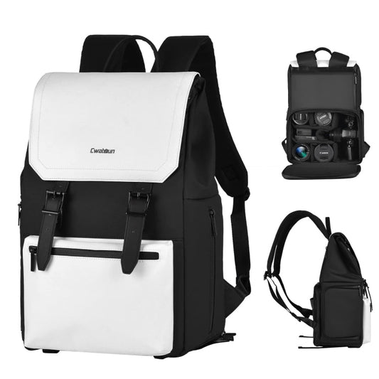 Sac à dos pour appareil photo multifonctionnel Cwatcun D79, sac à dos à double épaule, taille : 43,5 x 30,5 x 18 cm, grand (noir et blanc)