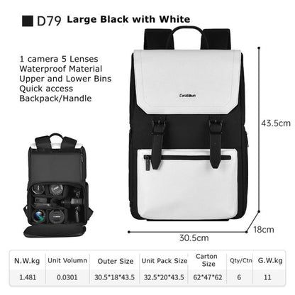 Sac à dos pour appareil photo multifonctionnel Cwatcun D79, sac à dos à double épaule, taille : 43,5 x 30,5 x 18 cm, grand (noir et blanc)