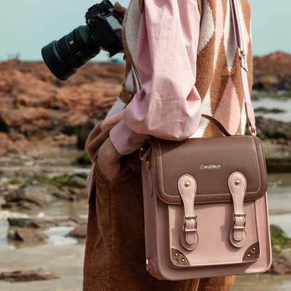 Cwatcun D81 Retro Camera Crossbody Bag Vintage PU Leather Waterproof Camera Handbag(Brown Pink)