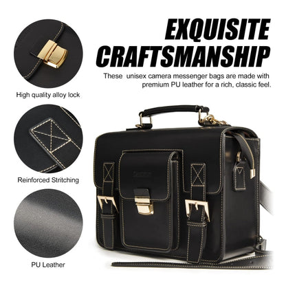 Cwatcun D83 Vintage Small Camera Case Leather Camera Messenger Bag, Size:30 x 21.5 x 12.5cm(Black)