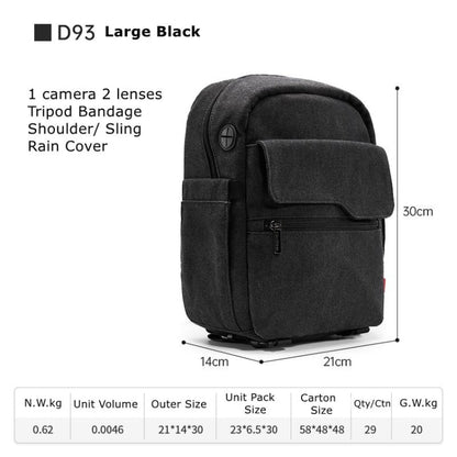 Sac pour appareil photo en toile Cwatcun D93, bandoulière, taille : 21 x 14 x 30 cm, noir