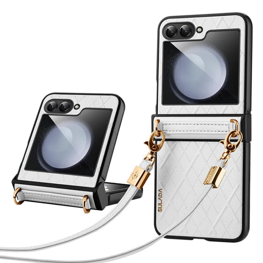 For Samsung Galaxy Z Flip3 5G SULADA Elegant Rhombic Texture Folding Phone Case with Lanyard(White)