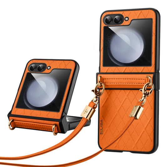 For Samsung Galaxy Z Flip3 5G SULADA Elegant Rhombic Texture Folding Phone Case with Lanyard(Orange)