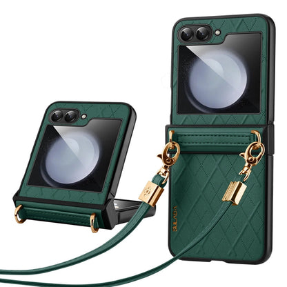 For Samsung Galaxy Z Flip3 5G SULADA Elegant Rhombic Texture Folding Phone Case with Lanyard(Green)