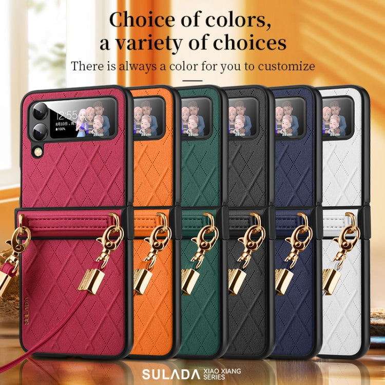 For Samsung Galaxy Z Flip4 SULADA Elegant Rhombic Texture Folding Phone Case with Lanyard(Black)