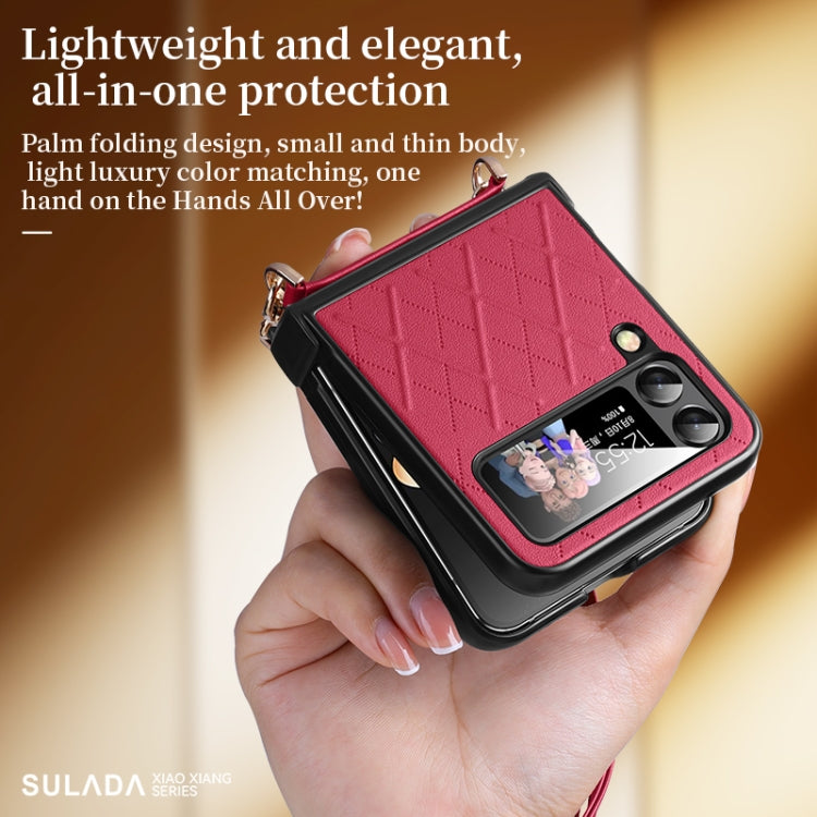 For Samsung Galaxy Z Flip4 SULADA Elegant Rhombic Texture Folding Phone Case with Lanyard(Black)