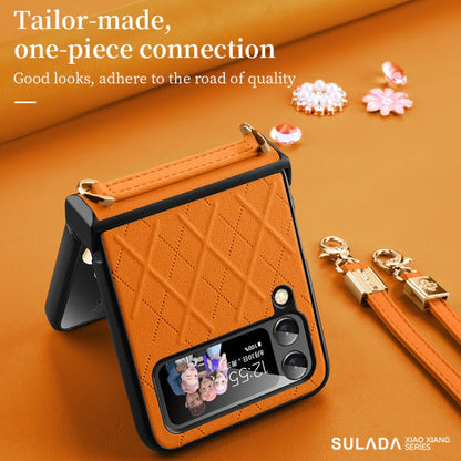 For Samsung Galaxy Z Flip4 SULADA Elegant Rhombic Texture Folding Phone Case with Lanyard(Black)