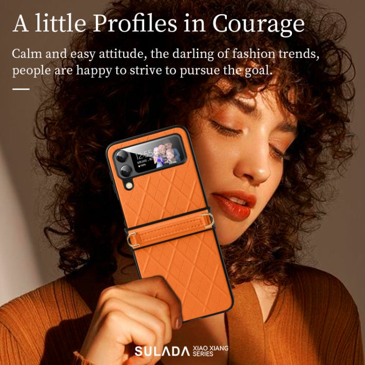 For Samsung Galaxy Z Flip4 SULADA Elegant Rhombic Texture Folding Phone Case with Lanyard(Blue)