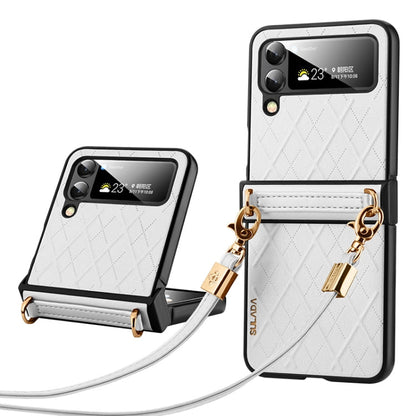 For Samsung Galaxy Z Flip5 SULADA Elegant Rhombic Texture Folding Phone Case with Lanyard(White)