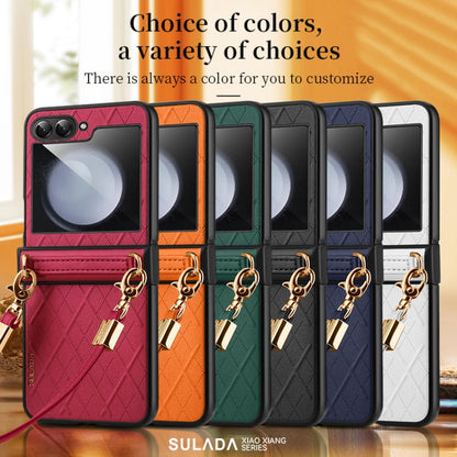 For Samsung Galaxy Z Flip5 SULADA Elegant Rhombic Texture Folding Phone Case with Lanyard(White)