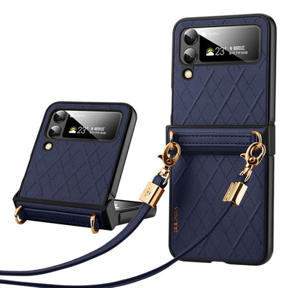 For Samsung Galaxy Z Flip5 SULADA Elegant Rhombic Texture Folding Phone Case with Lanyard(Blue)