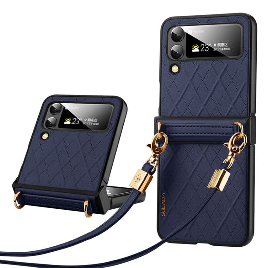 For Samsung Galaxy Z Flip5 SULADA Elegant Rhombic Texture Folding Phone Case with Lanyard(Blue)