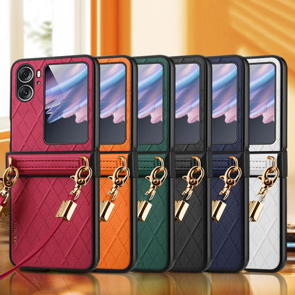 For OPPO Find N2 Flip SULADA Elegant Rhombic Texture Folding Phone Case with Lanyard(Orange)